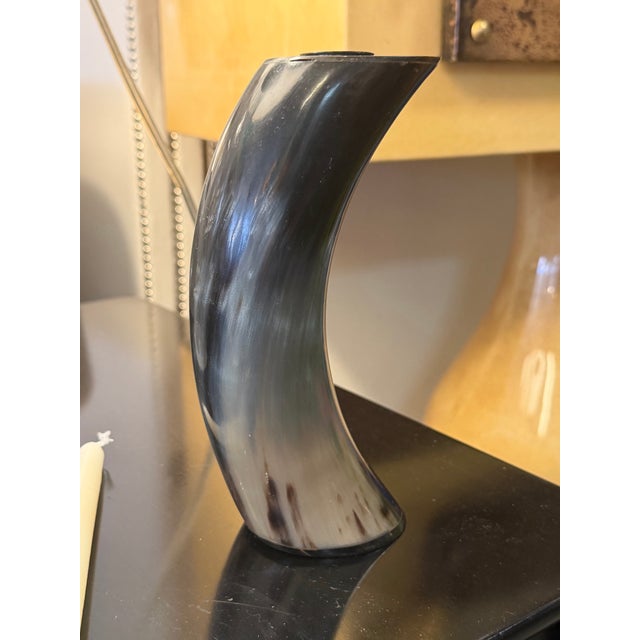 Metal Hand Made Horn Candlestick For Sale - Image 7 of 9