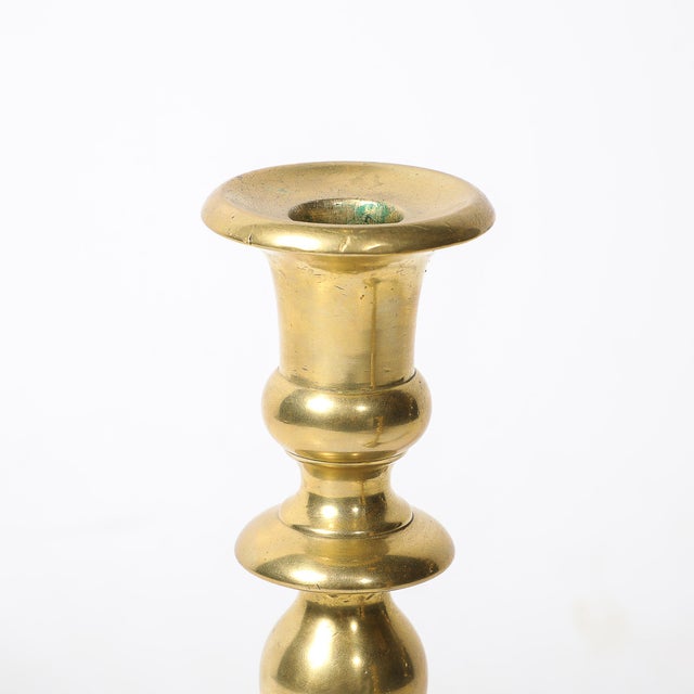 Brass Near Pair Neoclassical Balustrade Form Brass Candleholders With Square Bases For Sale - Image 8 of 11