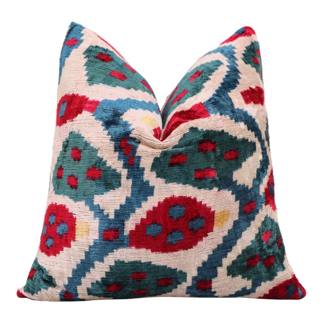 Multicolor Ikat Silk Velvet Pillow 20x20 | Handmade Luxury Designer Cushion For Sale