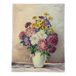 French Artist, Still Life of a Vase of Dahlias, 1960s, Oil on Canvas For Sale
