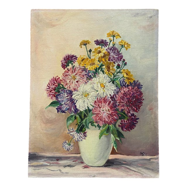 French Artist, Still Life of a Vase of Dahlias, 1960s, Oil on Canvas For Sale