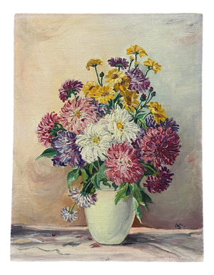 French Artist, Still Life of a Vase of Dahlias, 1960s, Oil on Canvas