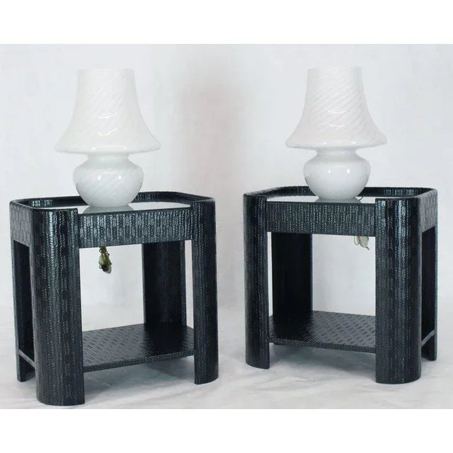 Pair of very fine large Italian swirl milk Murano glass table lamps. One piece of blown glass design.