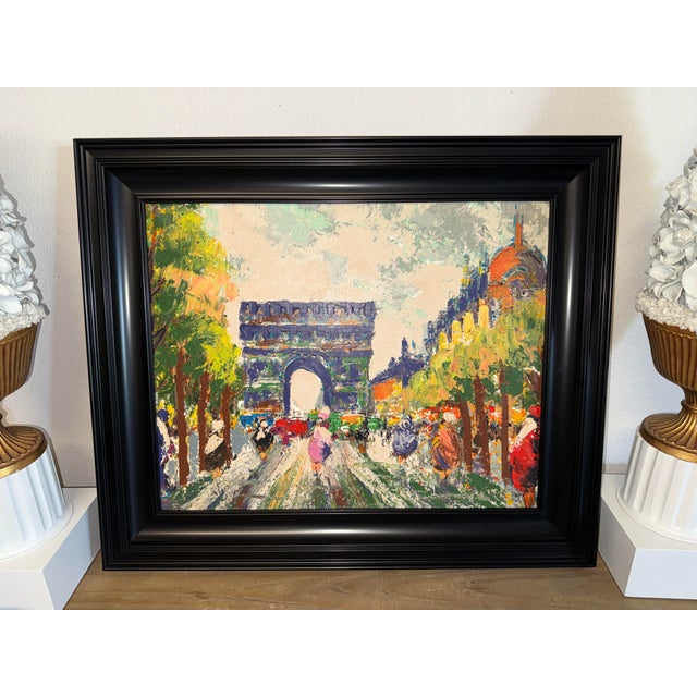 Arc De Triomphe in Paris, Created With Thick, Textured Impasto Brushstrokes. Vintage Oil Painting on Canvas. For Sale - Image 4 of 12