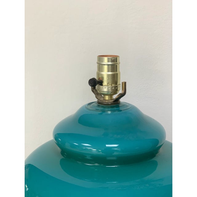 Vintage Teal & Brass Glass Lamp For Sale - Image 4 of 6