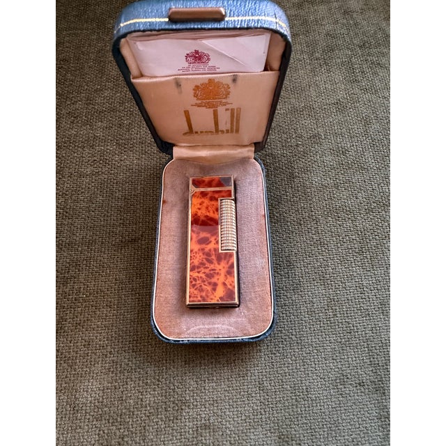 Rare Vintage Dunhill Gold Plated Cognac Marble Lacquer Lighter Original Sky Case For Sale - Image 10 of 15