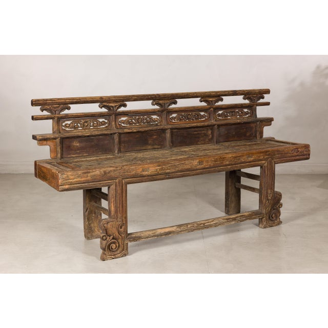 Antique Chinese Rustic Wood Bench with Carved Openwork Back For Sale - Image 12 of 14