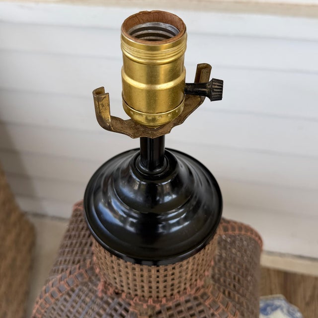 Brown Large Vintage Handwoven Rattan and Cane Urn Form Table Lamp For Sale - Image 8 of 11