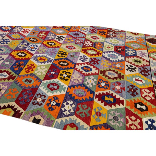 Vintage Turkish Kilim Flatweave Multicolor Geometric Designed Wool Rug For Sale In New York - Image 6 of 9