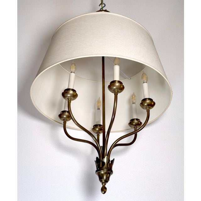 Traditional Mid 20th Century Restored Six Arm Brass Drum Shade Chandelier For Sale - Image 3 of 8