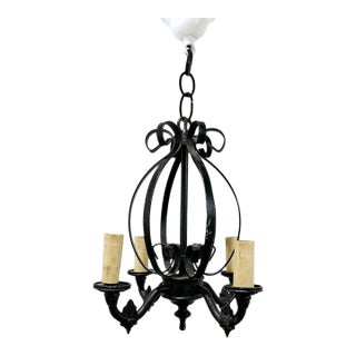 Late 20th Century Rustic Farmhouse 5-Light Black Metal Chandelier Candle Style Ceiling Light For Sale