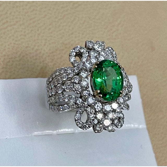 4 Carat Oval Tsavorite & 2.9 Carat Diamond in 18 Karat White Gold Ring Estate For Sale - Image 12 of 18