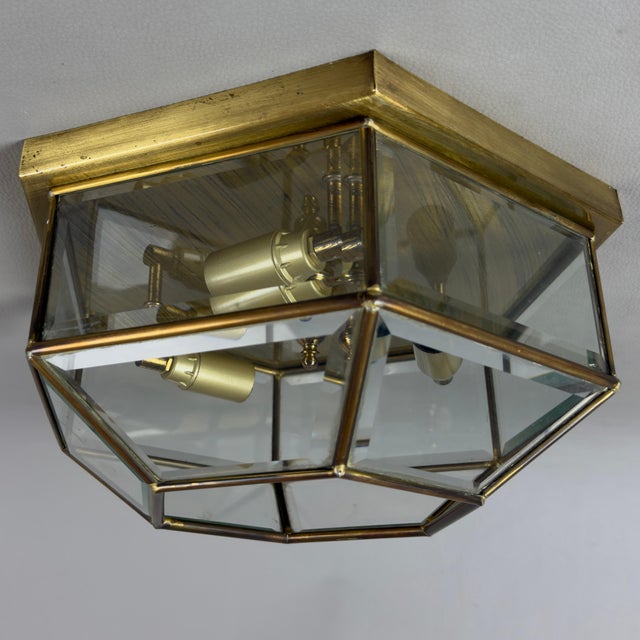 Vintage Hexagonal Brass Ceiling Lamp with Beveled Glass, 1970s For Sale - Image 3 of 10