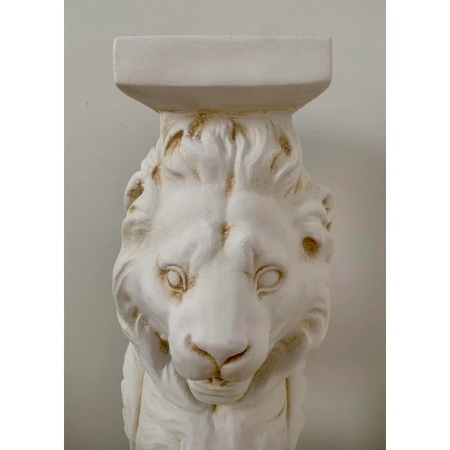 Pair of Grand Tour Roman Lion Pedestals in Distressed White Plaster For Sale - Image 10 of 13