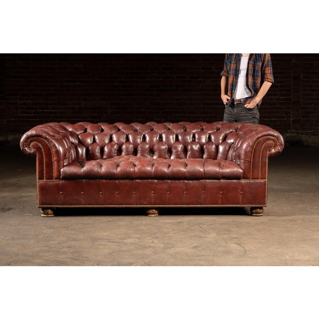 Classic three-seat Chesterfield sofa upholstered in deep burgundy leather with hand-tufted cushioning and decorative brass...