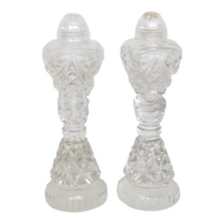1940s Bohemian Crystal Salt and Pepper Shaker Pair of 2 Pedestal Base Cut Glass For Sale