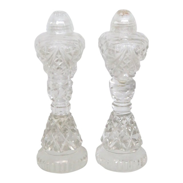 1940s Bohemian Crystal Salt and Pepper Shaker Pair of 2 Pedestal Base Cut Glass For Sale