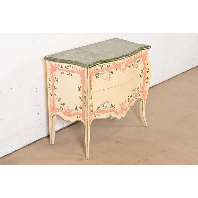 French Provincial Baker Furniture French Provincial Louis XV Hand Painted Bombe Chest or Commode For Sale - Image 3 of 15