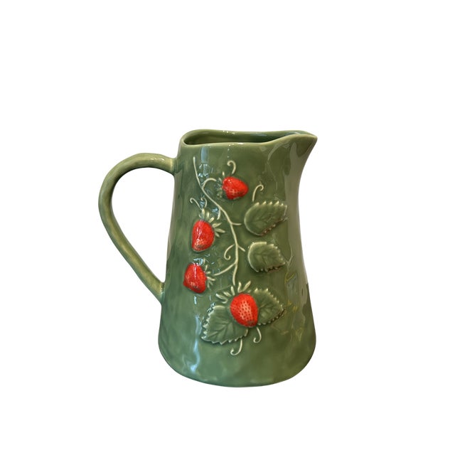 Portuguese Majolica Strawberry Pitcher – Sage Green Earthenware, Hand-Painted Relief Fruit Design, Bordallo Pinheiro Style...