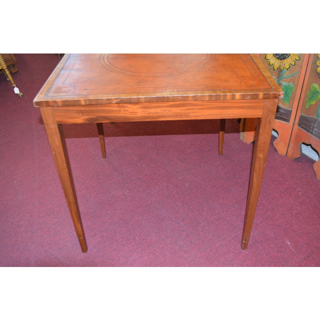 Vintage English Tan / Gold Leather Topped Square Wooden Game or Card Table For Sale - Image 10 of 18