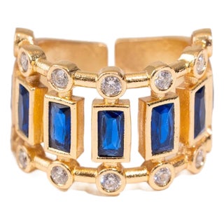Radiant Majesty Sapphire Gold Adjustable Cuff Ring, Size 8 For Sale