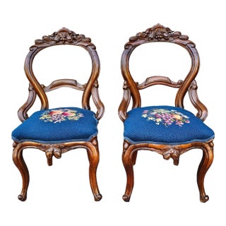 Late 19th Century Pair Victorian Rococo Style Walnut and Needlepoint Upholstered Side Chairs For Sale