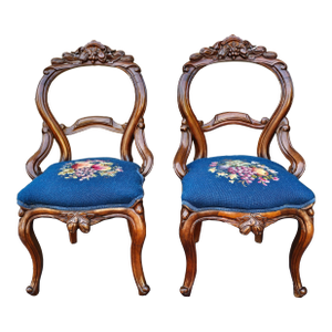 Late 19th Century Pair Victorian Rococo Style Walnut and Needlepoint Upholstered Side Chairs