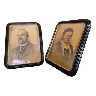 Portrait, 1890s, Pencil on Paper, Framed, Set of 2 For Sale