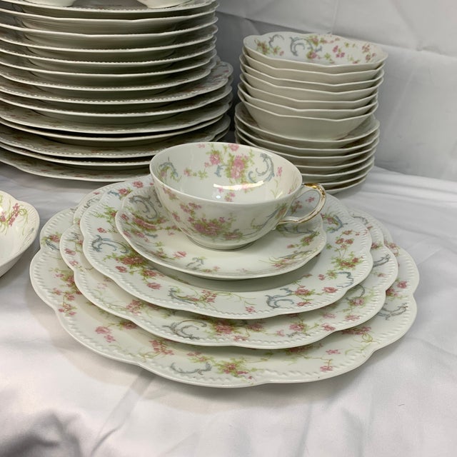 Shabby Chic Antique French Haviland Limoges “Princess” Pink Flowers Blue Ribbons Dinnerware Set With Tea Cups - Service for 8 - 48 Pieces For Sale - Image 3 of 12