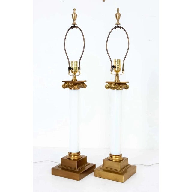 Mid 20th Century Pair of Brass and White Opaline Glass Lamps For Sale - Image 5 of 8