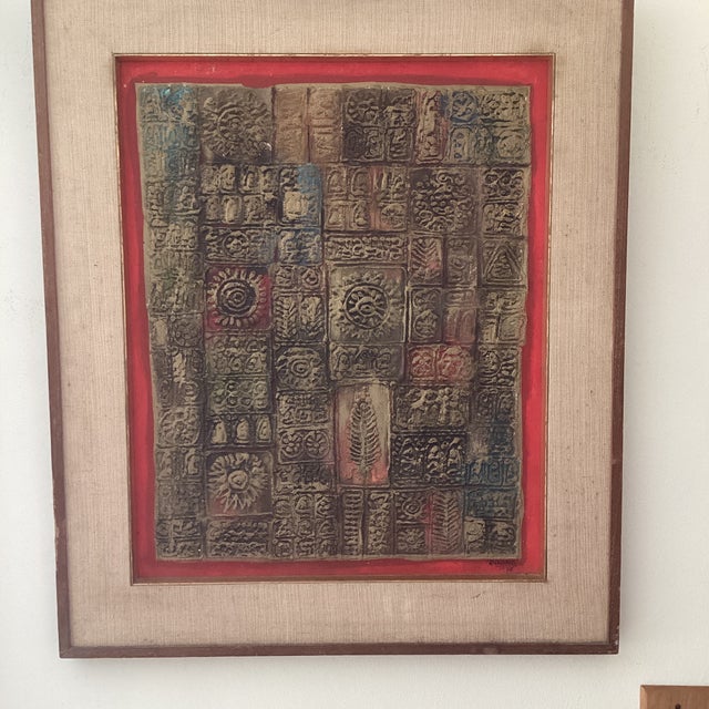 Vintage Asian Style Mixed-Media Abstract Textured Painting by Roong T. Circa 1968 For Sale - Image 10 of 12