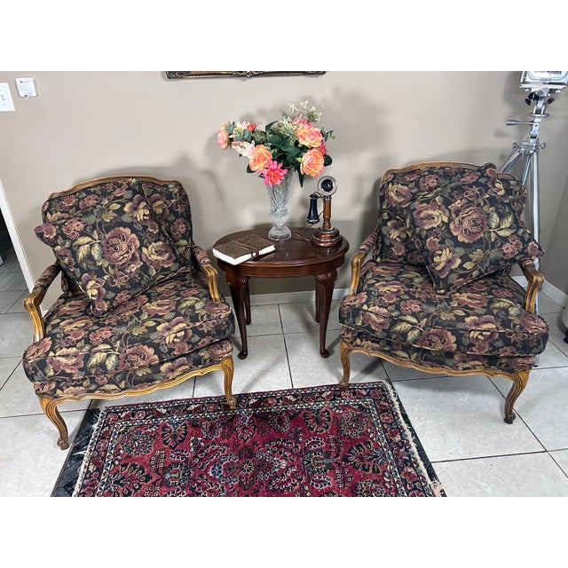 Late 20th Century Late 20th Century Pair of French Provincial Louis XV Style Floral Tapestry Lounge Chairs For Sale - Image 5 of 6