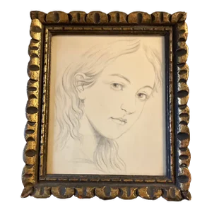19th Century Original Female Charcoal Portrait Drawing Ornate Vintage Frame