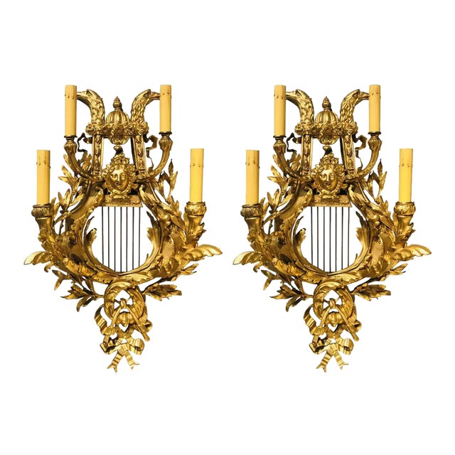 Pair of Four-Light Louis XVI Style Bird & Face Mounted Gilt Bronze Wall Sconces For Sale