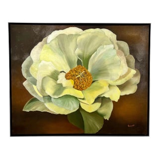 Modern Floral Still Life With White Bloom Oil on Canvas Signed by Artist 1990's For Sale
