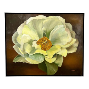 Modern Floral Still Life With White Bloom Oil on Canvas Signed by Artist 1990's