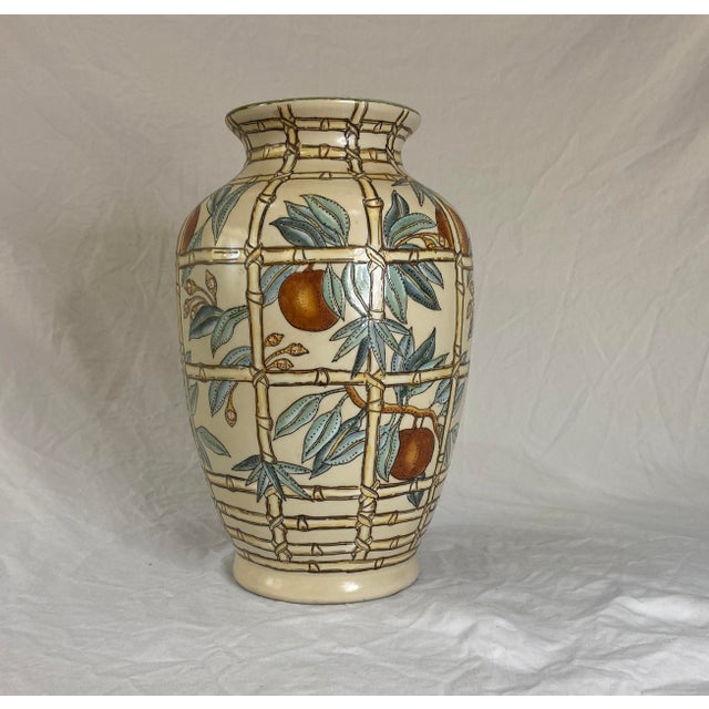 Vintage Asian Style Ceramic Vase With Hand Painted Bamboo and Peaches ...