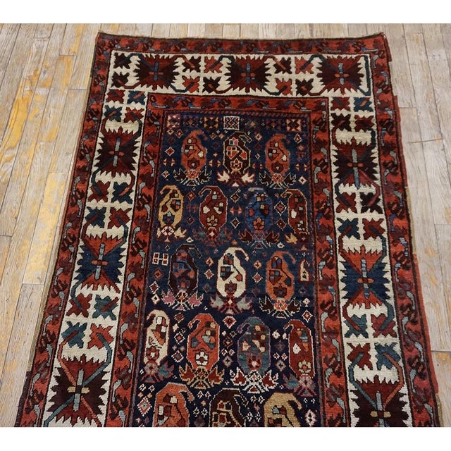 Tribal Antique Caucasian Blue Tribal Paisley Wool Hallway Runner Kazak Rug For Sale - Image 3 of 9