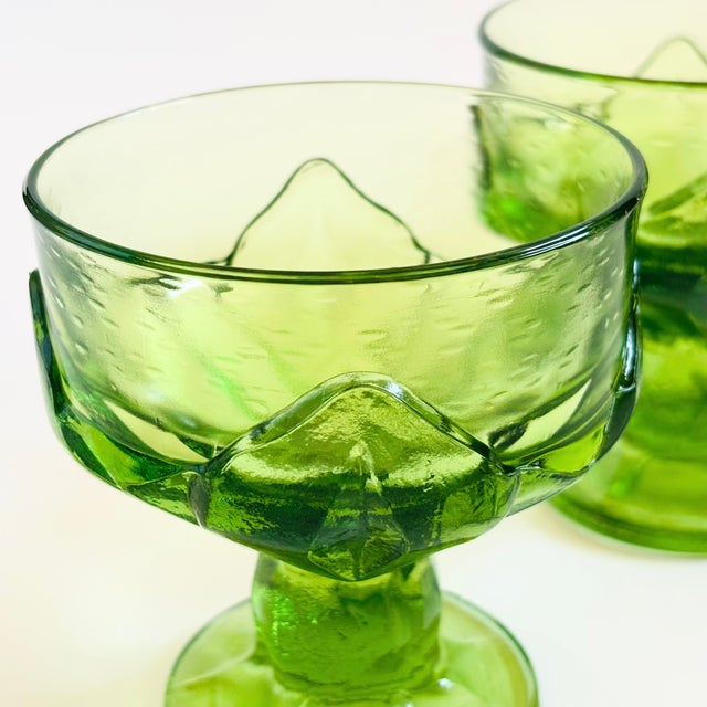 Mid 20th Century 1970s Mid Century Modern Green Textured Coupe Cocktail Glasses - "Green Cabaret" by Tiffin Franciscan - Set of 5 For Sale - Image 5 of 9