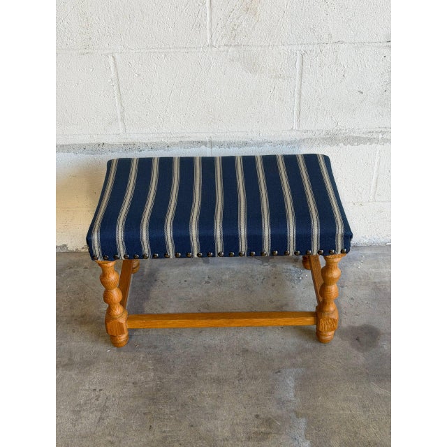 Blue Striped Upholstered Oak Ottoman Danish Mid-Century Modern 1970s For Sale - Image 9 of 9