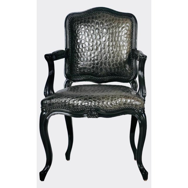 Black Faux Crocodile & Glossy Black Louis XV Style Armchair French-inspired curves meet bold crocodile texture in this...