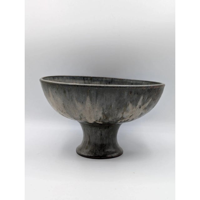 Late 20th Century Late 20th Century Handcrafted Studio Pottery Blue Gray Glaze Speckled Pedestal Bowl Signed For Sale - Image 5 of 12