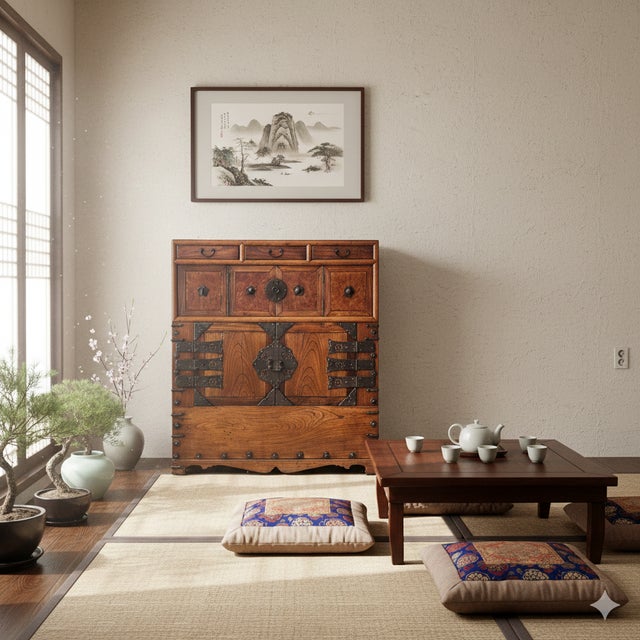 1960s Asian Pattern Brown Black Hardware Drawers Accent Storage Cabinet For Sale - Image 5 of 13