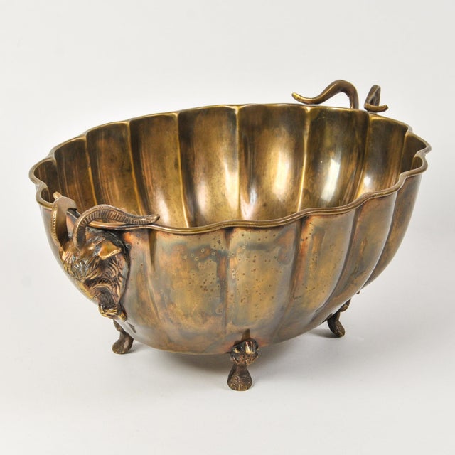 Hollywood Regency Vintage Brass Ram Head Footed Bowl Centerpiece Jardiniere Cache Pot Hollywood Regency Decor For Sale - Image 3 of 12