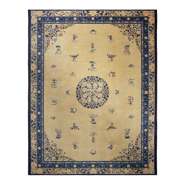 1920s Beige Field Vase Classic Greek Key Antique Chinese Peking Knotted Wool Rug For Sale