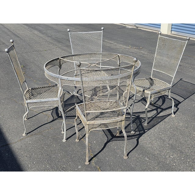 Vintage Rare 1960's Russell Woodard Attributed Mesh Wrought Iron Patio Glass Table and 4 Chairs For Sale - Image 15 of 18