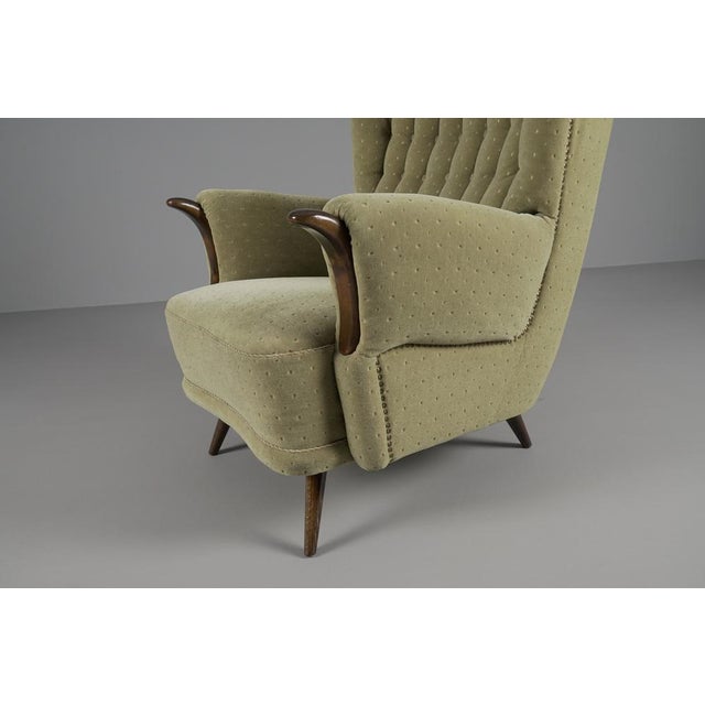 Wood Large Green Italian Wood & Fabric Wingback Armchair, 1950s For Sale - Image 7 of 15