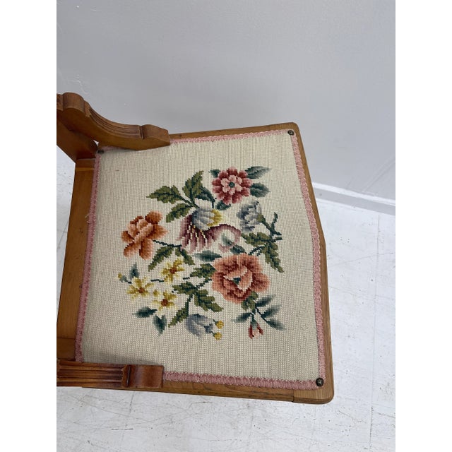 Wood Victorian Style Vintage Floral Needlepoint Side Wood Chair With Turned Spindle Legs For Sale - Image 7 of 11