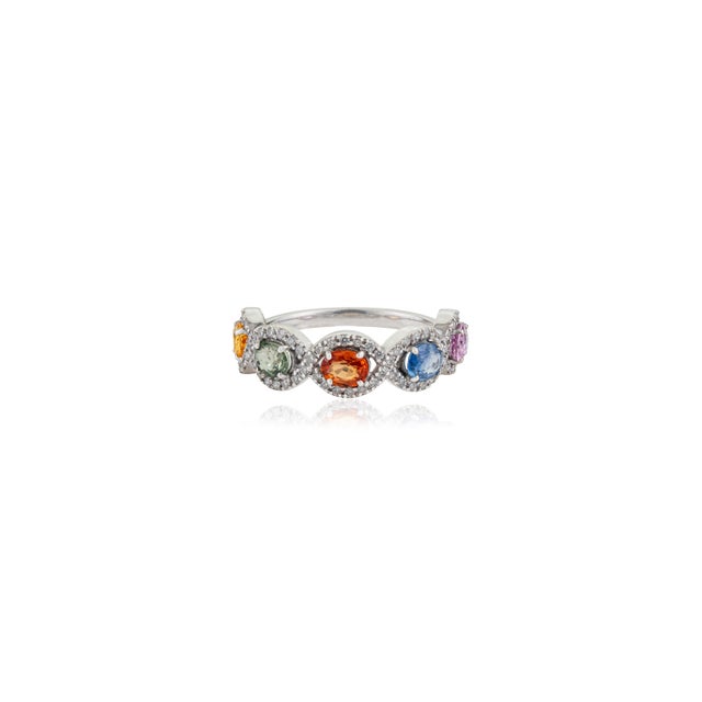 1.62 Ct Multi Sapphire & Diamond Colorful Rainbow Wedding Band Size 5.5 in 14k Gold For Sale - Image 4 of 15