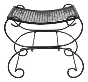 Mid 20th Century Vintage Hollywood Regency Black Wrought Iron Curule Scrolling Bench